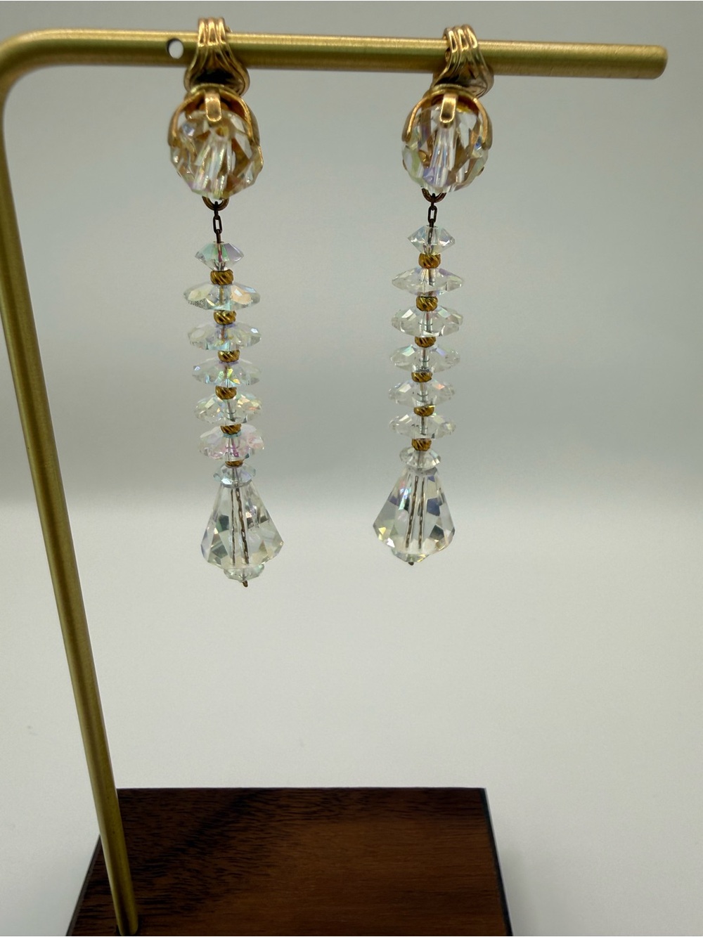 Vintage Gold Tone Aurora Borealis Crystal Dangle Clip Earrings